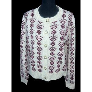 Francescas Floral Nordic Cardigan Sweater Women M Cream Purple Button Wool Blend